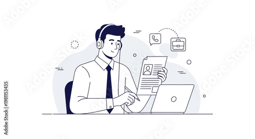 Man with headphones working on resume and laptop, online job search concept