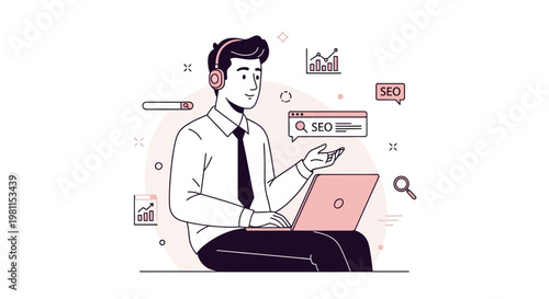 Man with headphones working on laptop, SEO concept, online marketing, digital strategy