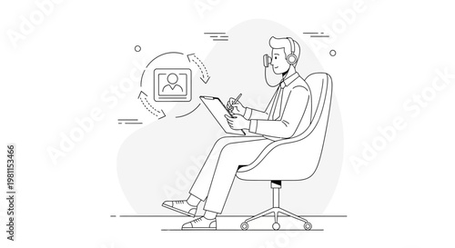 Man with headphones working on tablet, online profile update concept