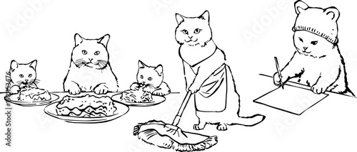 Funny cat family illustration featuring mother cat cleaning and kittens eating.