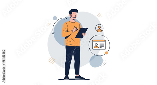 Man with headset and clipboard, digital workflow, online profile, business concept