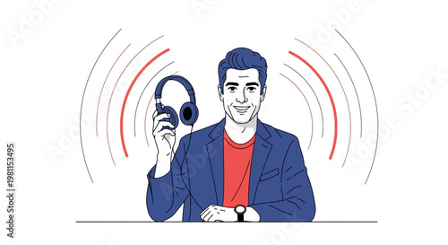 Man with headphones, sound waves, podcasting, audio, communication, illustration