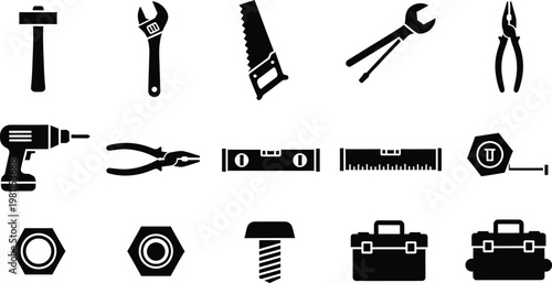 A collection of black and white construction and repair tool icons including a hammer and saw.