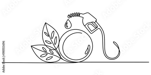 Continuous line drawing of a fuel pump nozzle with leaves representing biofuel concept Vector, illustration