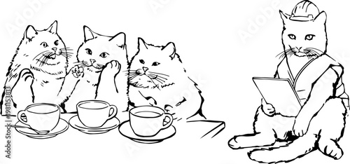Funny cats drinking coffee and construction worker cat illustration