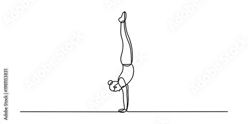 A minimalist single continuous line drawing of a person performing a perfect vertical handstand Vector, illustration