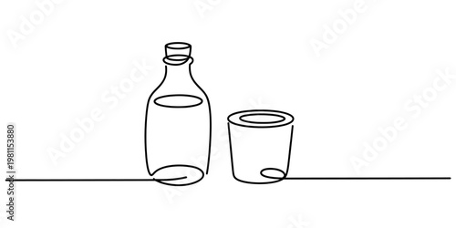 Continuous line drawing of a glass bottle with a cork and a simple drinking glass on a table Vector, illustration