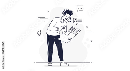 Man with headset, looking at documents, communication and online work concept