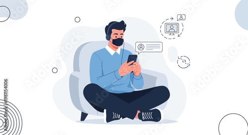 Man with mask and headphones using smartphone, online communication concept