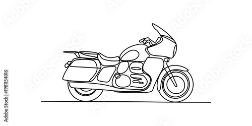 A single continuous line drawing of a touring motorcycle showing its classic silhouette and shape. Vector, illustration