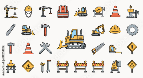 Construction icons set, vector graphics of safety equipment, vehicles, tools, and warning signs for building industry