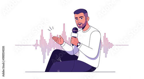 Man with Microphone and Sound Wave: Podcasting, Interview, Voice Recording