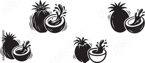 Black Silhouette of Sliced Coconut with Splashing Juice. Tropical fruit concept illustrating summer refreshment. Suitable for healthy beverage packaging. Isolated Vector.