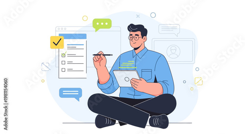 Man with Tablet and Checklist, Online Learning, Planning, Productivity, Remote Work