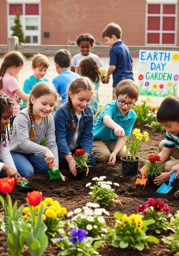 Children planting flowers for Earth Day.