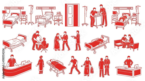 Top-Down Hospital Emergency Room Activity Vector Elements Set, Architectural CAD Human Red Monochrome Style Illustration