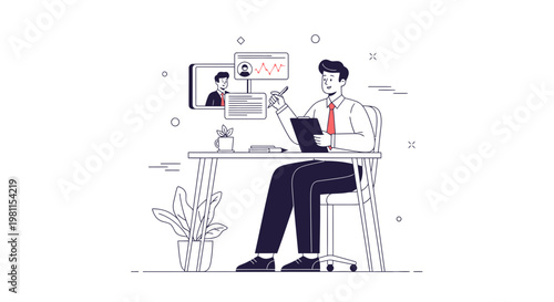 Man working at desk with video call and charts, business illustration