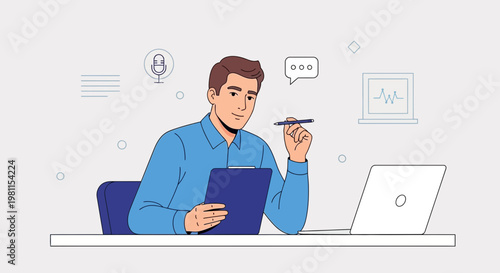 Man working at desk with laptop, clipboard, and pen, discussing ideas