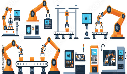 Smart factory industrial automation and AI robotics vector set.