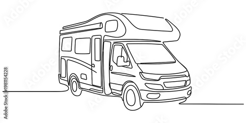 Continuous line drawing of a modern motorhome for road trip and travel adventures Vector, illustration