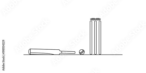 Minimalist line art illustration featuring a cricket bat, a ball, and wickets on a white ground Vector, illustration