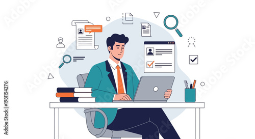 Man working on laptop at desk with documents and magnifying glass, recruitment concept