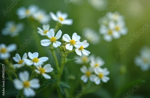 Small white flowers with yellow centers bloom on green stems. Delicate petals spread open, capturing nature detail. Soft focus background adds depth to delicate flora.