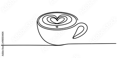Minimalist continuous line drawing of a coffee cup with heart latte art on a white background Vector, illustration