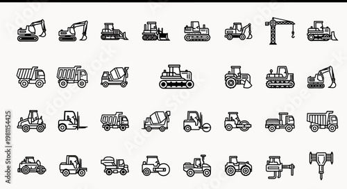 Construction Equipment Icons Set Vector Graphics Heavy Machinery Vehicles For Building Industry Projects Symbols