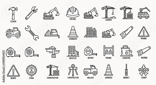 Construction equipment and tools icons set, featuring excavator, crane, truck, hard hat, wrench, saw, and measuring tape symbols