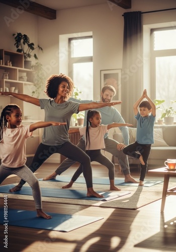 Family doing yoga together indoors.