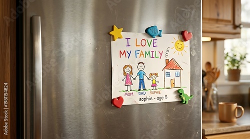 Colorful drawing of family with parents and child on fridge