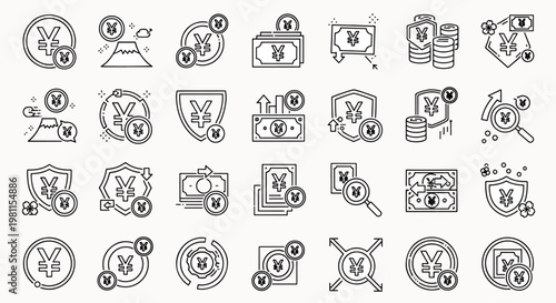 Collection of Yen Currency Symbols and Financial Icons, Representing Money, Investment, and Economic Growth with Graphics