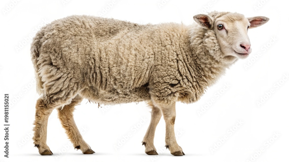 Fototapeta premium Sheep and lambs isolated on white background representing farm livestock and spring meadow scene