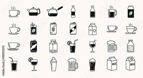 Collection of Vector Icons Representing Various Drinks and Beverages Coffee Tea Cans Bottles and Milk Cartons