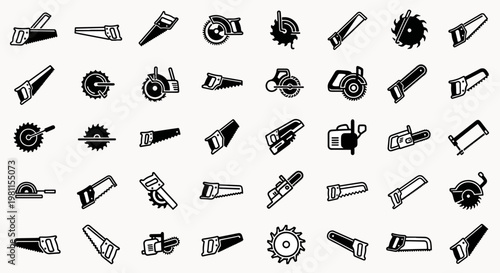 Collection of Various Saw Icons and Tools Set, Including Circular, Hand, and Chainsaws, Representing Woodworking and Construction