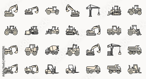 Collection of Various Construction Vehicles and Heavy Machinery Icons, Including Excavators, Trucks, and Cranes