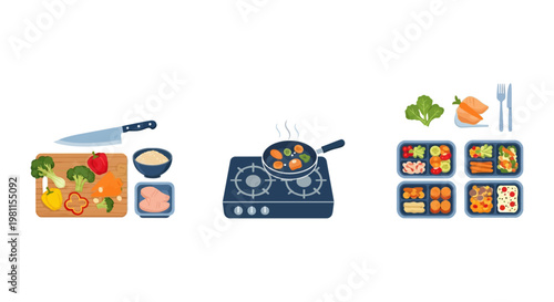 Ilustrasi Proses Persiapan Makanan Sehat Katering dengan Tahap Persiapan Bahan, Memasak, dan Pengemasan dalam Gaya Desain Flat