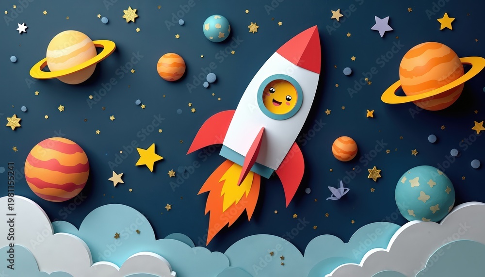 Naklejka premium Paper rocket flies through colorful planets and stars in dark cosmos. Cute cartoon face smiles from spaceship window. Childrens craft art design.