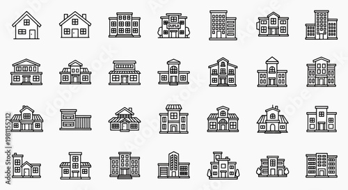Collection of Various Building Icons Representing Different Architectural Styles and Housing Types, Outline Style