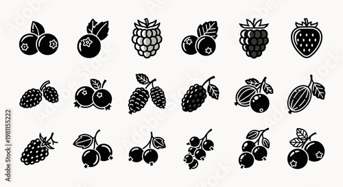 Collection of stylized black and white icons representing various berries and fruits like strawberries, blueberries, raspberries, and blackberries
