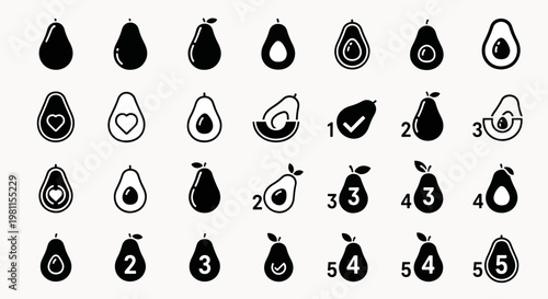Collection of stylized avocado and pear icons and symbols representing food and health, with numbers and checkmarks.