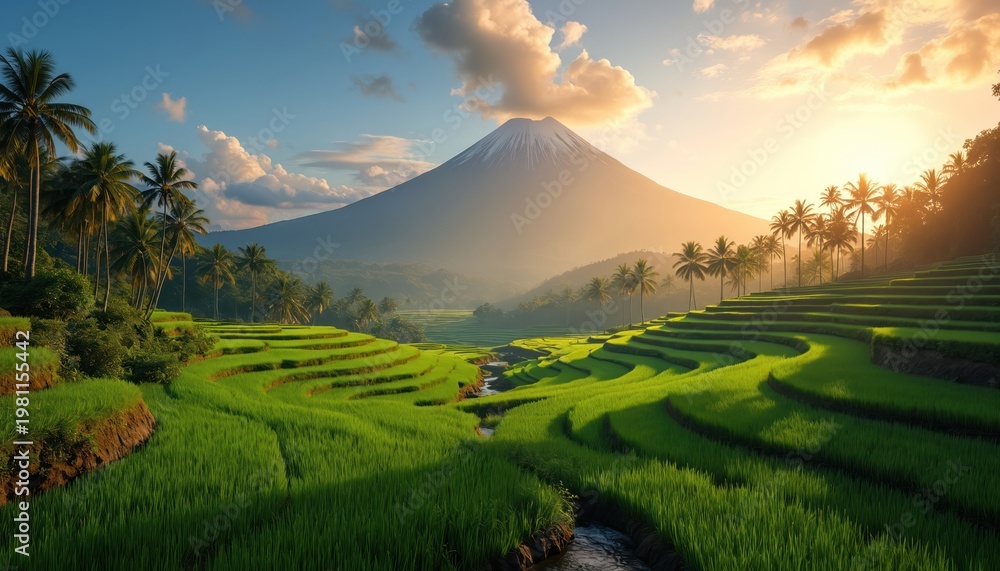 Fototapeta premium Rich green rice terraces cascade down a hillside towards a volcano under a bright sky. Palm trees line the landscape, bathed in warm morning sunlight. A small stream flows through the vibrant fields.