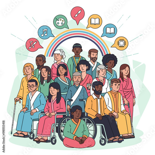 Diverse group of people of different ages, ethnicities, and abilities, united by symbols of learning and creativity.