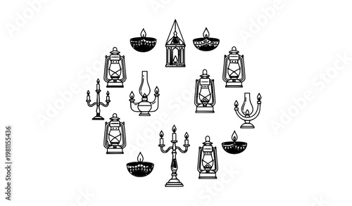 Vintage Illumination Tools and Traditional Oil Lantern Thin Line Vector Icon Collection for Decorative Use