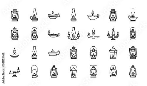 Antique Oil Lamps and Vintage Lighting Thin Line Icon Set for Classic Illumination and Home Decor Design