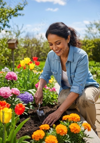 Woman gardening in colorful flower garden.