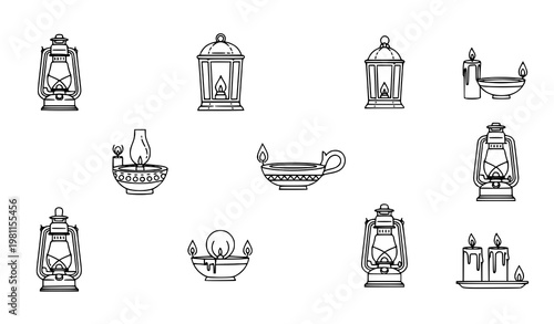 Traditional Lighting Equipment and Antique Oil Lamp Outline Icon Set for Vintage Home and UI Design