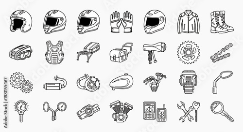 Collection of motorcycle parts and gear icons, including helmets, jackets, boots, chains, and tools in a clean outline style