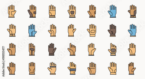 Collection of Diverse Hand Gloves Icons Representing Various Styles and Materials for Different Purposes